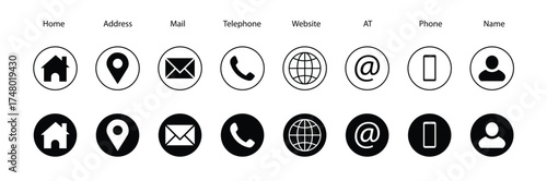 Web icon set vector illustration. Contact icons set for your web, contact, icon, name, home, address, phone, electronic mail, location, website, mail, information etc