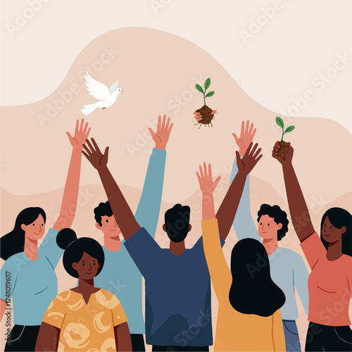 Diverse group of people raising their hands in unity, releasing a white dove and holding green plants against a beige background with a flat, illustrative style and a hopeful mood.