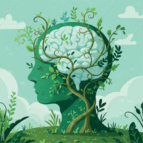 Illustration of a human head in profile with a tree growing out of it, symbolizing growth and harmony with nature, set against a serene sky with clouds.