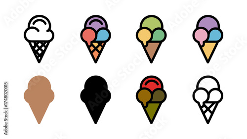 Vector art of assortment of ice cream cones with different flavors and styles