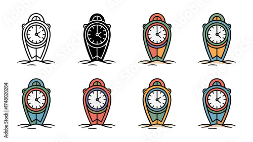 Vector art of set of vintage alarm clocks in different colors and styles