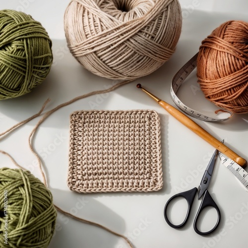 Crochet yarn balls and tools on white table with finished square  