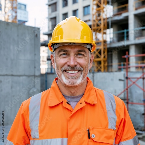 Construction worker smiling on building site wearing safety gear  