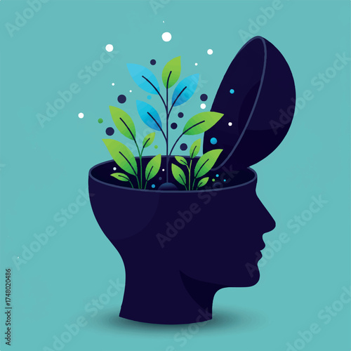 Illustration of a human head with a plant growing out of it, against a teal background with floating dots and a creative, inspirational mood.
