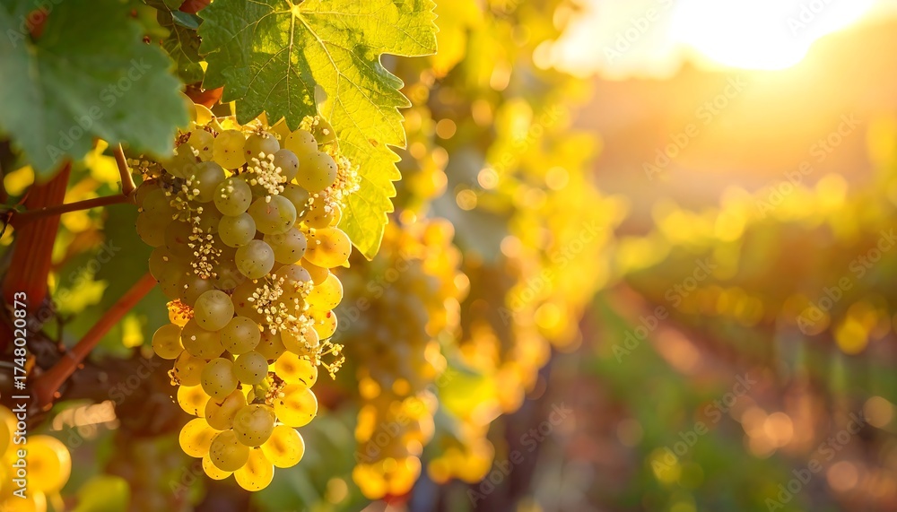 Obraz premium Golden grapes at sunset, vineyard