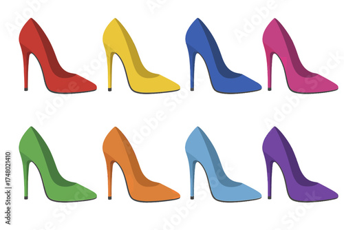 Colorful collection of high heel shoes in various shades