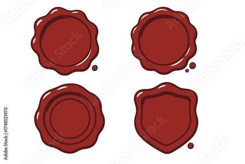 Set of red wax seals with round and shield shapes on white background