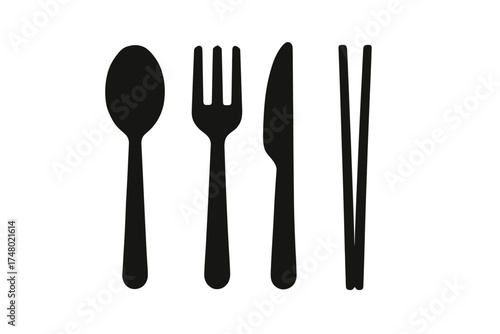 Silhouette of spoon, fork, knife, and chopsticks on white background