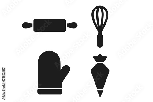 Baking tool icons: rolling pin, whisk, oven mitt, pastry bag