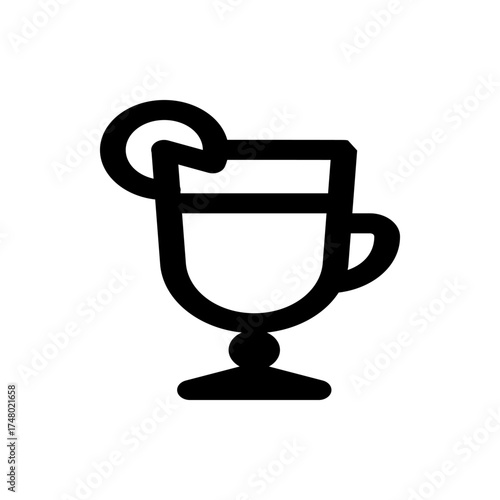 Illustration of a cocktail glass with a round garnish on the rim in a simple black outline style