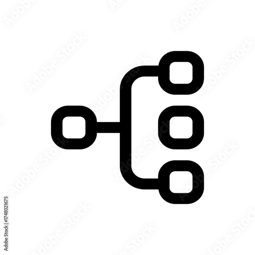 Black outline of a branching diagram with one input and three outputs on a white background plain view