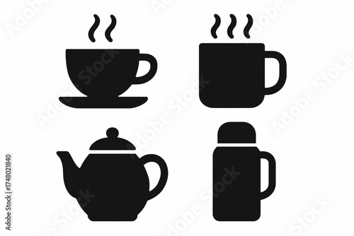 Set of coffee and tea icons: cup, mug, teapot, thermos illustrations