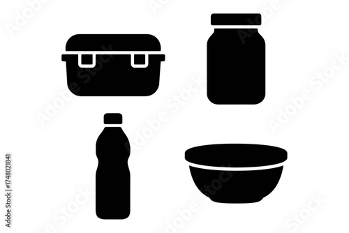 Silhouette icons of container, jar, bottle, and bowl on white background