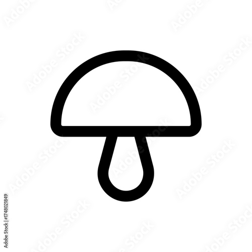 Illustration of a simple black outlined mushroom with a rounded cap and stem on a white background view