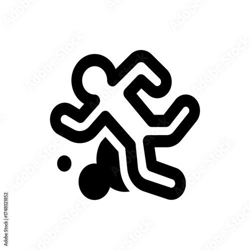 Black and white illustration of a crime scene outline with a body and blood splatter marking location