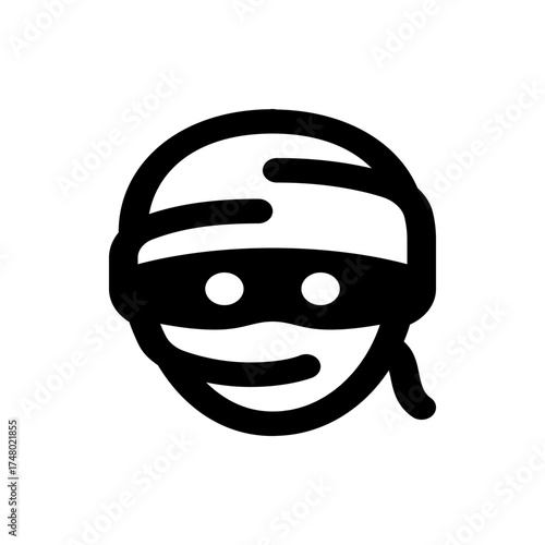 Illustration of a person wearing a black blindfold with a white head covering and a small ponytail like strand