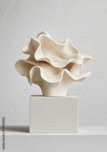 Organic ceramic sculpture with fluid coral like contours, balanced on understated pedestal, highlighting sculptural form through graceful, sinuous lines and minimalist presentation