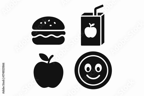 Black and white icons of burger, juice box, apple, and smiley face