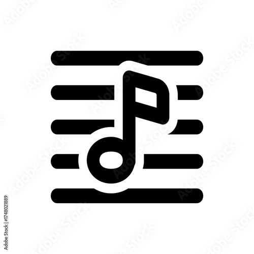 Black musical note symbol on a staff with five horizontal lines representing music notation in simple style