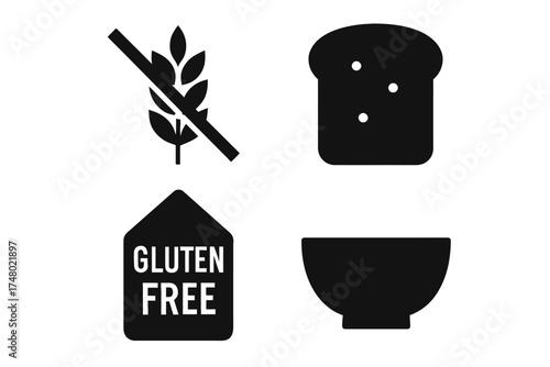 Gluten-free icons: bread slice, bowl, wheat symbol, gluten-free label