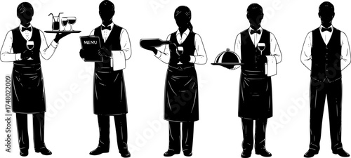 A set of waiter, detailed outlined vectors, black silhouette style on a white background