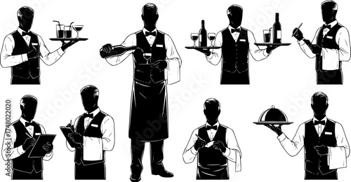 A set of waiter, detailed outlined vectors, black silhouette style on a white background