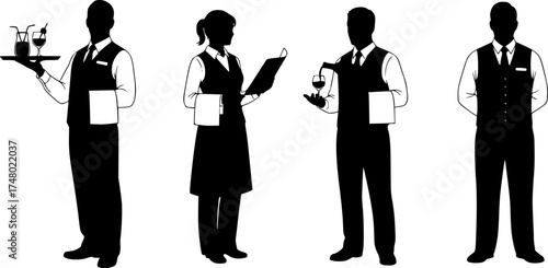 A set of waiter, detailed outlined vectors, black silhouette style on a white background