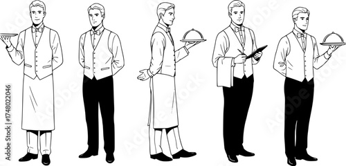 A set of waiter, detailed outlined vectors, black silhouette style on a white background