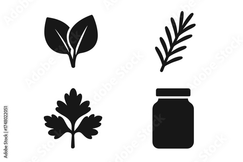 Herb and spice icons: basil, rosemary, parsley, and jar silhouettes in minimalist design
