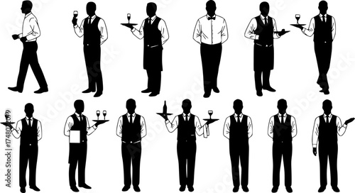 A set of waiter, detailed outlined vectors, black silhouette style on a white background