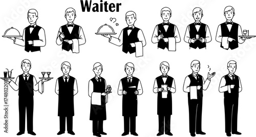 A set of waiter, detailed outlined vectors, black silhouette style on a white background