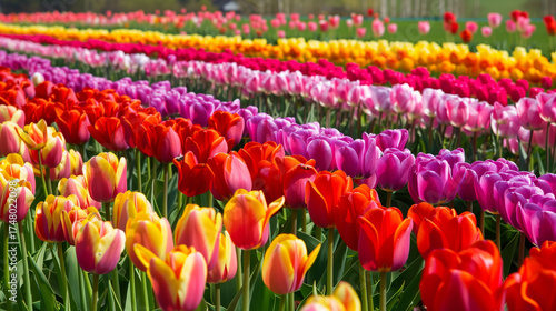 A panoramic view of a colorful tulip field in Noordoostpolder.