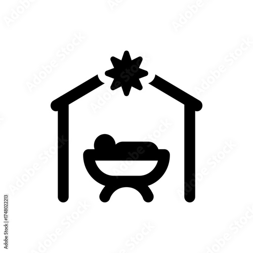 A simple black and white icon depicting the nativity scene with a star above the manger and stable roof
