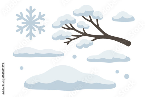 Winter elements: snowflakes and snow-covered branches on white background