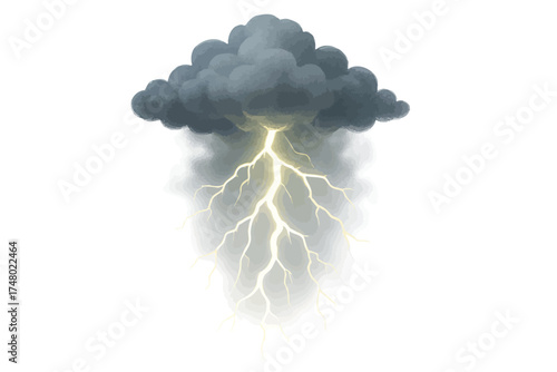 Dark storm cloud with bright lightning strike on white background