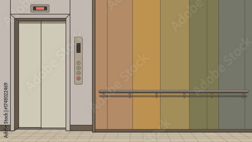 An elevator with closed doors and a panel with buttons next to a striped wall with a handrail