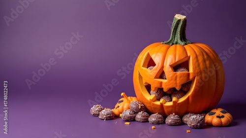 An image of a bright orange pumpkin with a Halloween-style cut-out face filled with colorful gummy candies. Banner, advertisement, or poster with space for text.