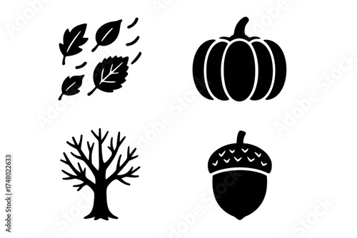 Silhouette icons of autumn leaves, pumpkin, bare tree, and acorn