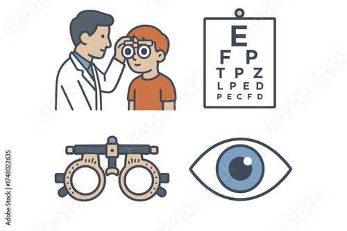 Young caucasian male eye exam with optometrist and vision test chart illustration