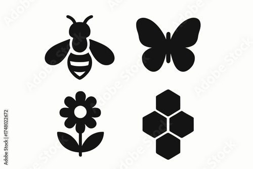 Silhouette icons: bee, butterfly, flower, and honeycomb design