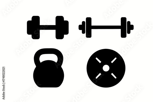 Silhouette icons of dumbbell, barbell, kettlebell, and weight plate for fitness equipment