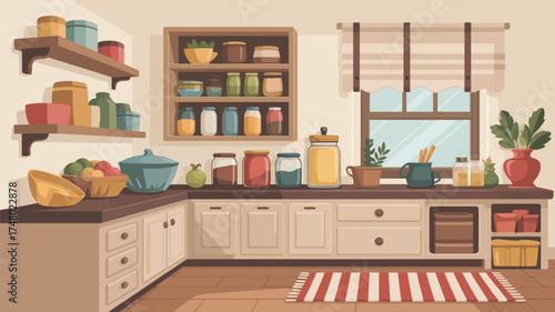 A cartoon kitchen scene with shelves, cabinets, a window, and various kitchen items displayed