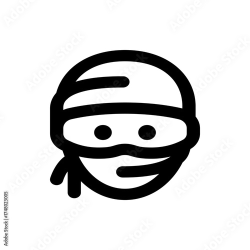 Illustration of a person wearing a black mask covering the face with only the eyes visible and a head wrap
