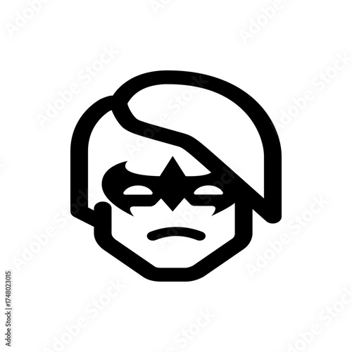Illustration of a stylized superhero head with a mask and side swept hair in black and white outline style
