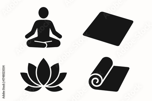 Yoga silhouettes and symbols: meditation pose, mat, lotus, and rolled mat icons