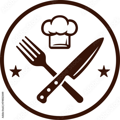 Logo for a food brigade: a circular design with a chef’s toque in the center, a fork and a knife crossed, stars for a professional and gourmet style.