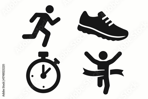 Running icons: athlete, shoe, stopwatch, finish line symbols