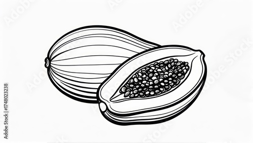Detailed black and white illustration of a papaya, one whole, one sliced revealing seeds