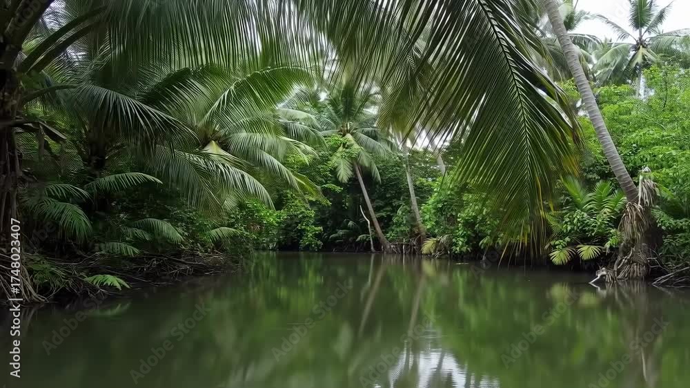 A calm, reflective river winds through a lush, tropical jungle, with palm trees overhead
