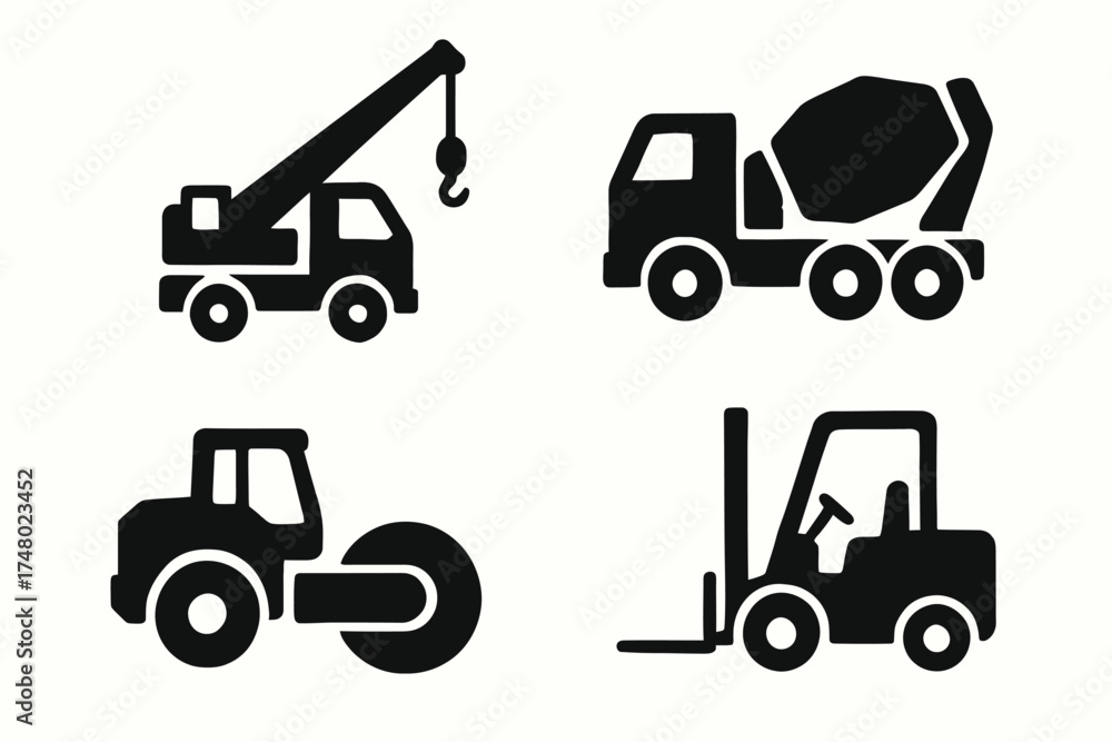 Naklejka premium Silhouette icons of construction vehicles: crane, cement mixer, road roller, forklift